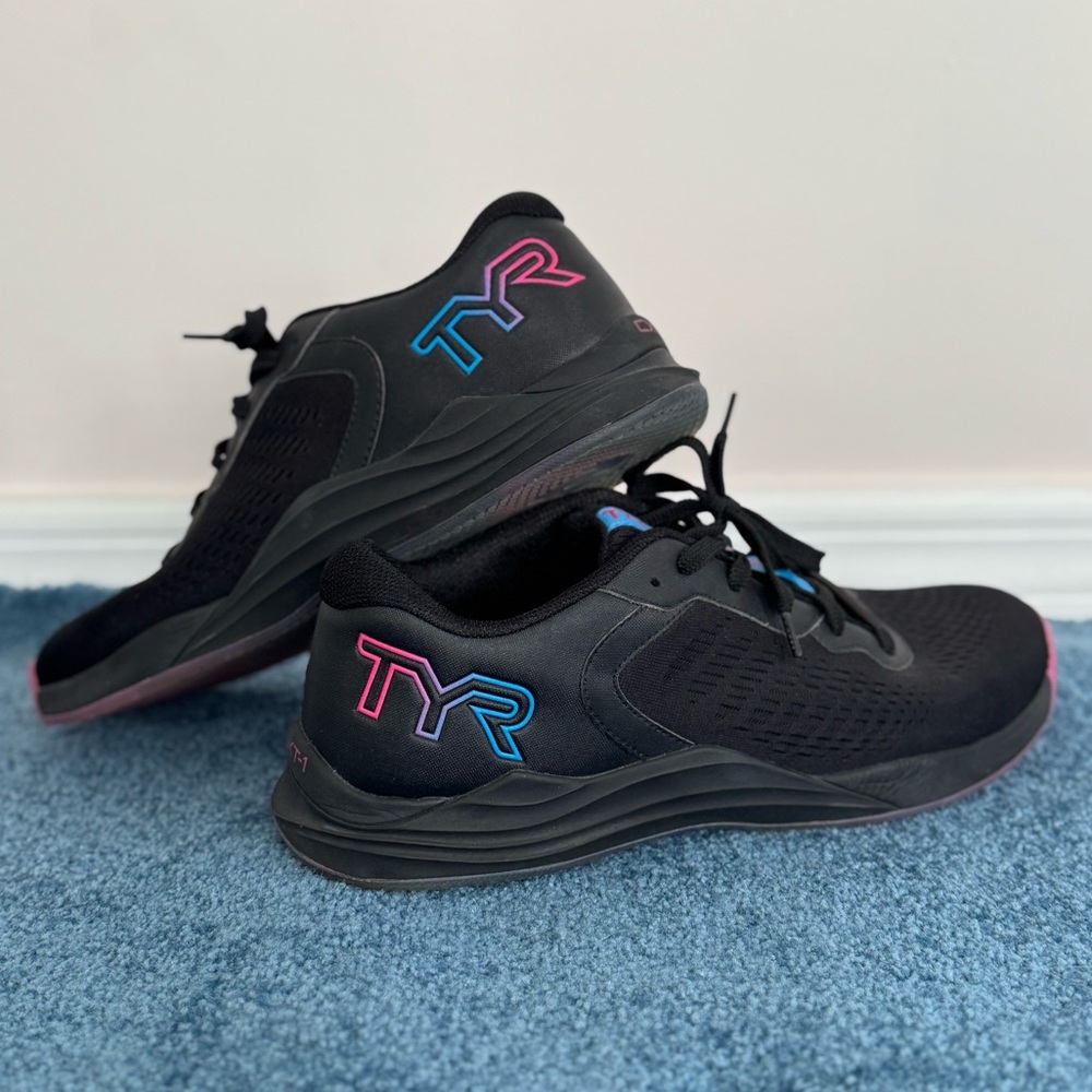 TYR Men's Black Athletic Sneakers with Blue & Pink Accents